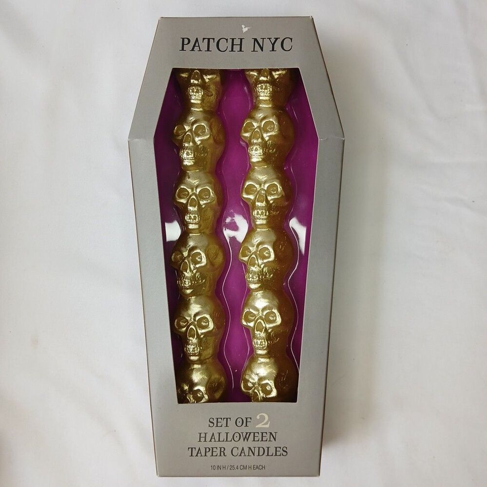 PATCH NYC Halloween Decor Set of 2 Stacked Gold Skulls Taper Candles New